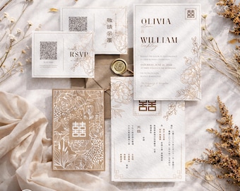 Modern Minimalist Bilingual Chinese Wedding Invitation Suite with RSVP + Details | Canva Editable Template (Digital Download)