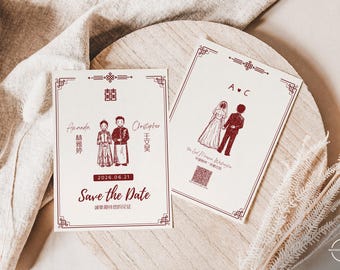 Hand Illustration Bilingual Chinese Save the Date | Wine Red (Digital Download Template, Canva Editable)