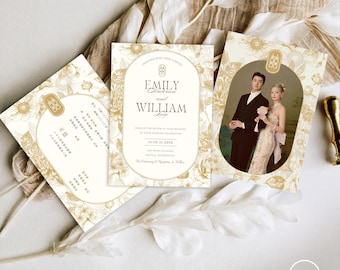 Vintage Floral Gold Bilingual Chinese Wedding Invitation (Digital Download Template, Canva Editable)