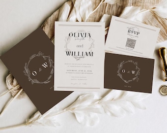 Minimalist Dark Brown Wedding Invitation Bundle with RSVP | Editable Canva Template (Digital Download)