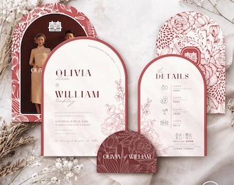 Arch Floral Bilingual Chinese Wedding Invitation Suite - Rosewood Red | Canva Editable Template (Digital Download)