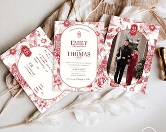 Vintage Floral Red Bilingual Chinese Wedding Invitation (Digital Download Template, Canva Editable)