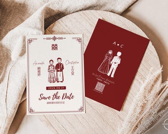 Hand Illustration Bilingual Chinese Save the Date | Wine Red - V2 (Digital Download Template, Canva Editable)