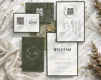 Minimalist Olive Green Bilingual Chinese Wedding Invitation Bundle | Editable Canva Template with RSVP & Detail | Digital Download