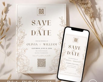 Modern Minimalist Bilingual Chinese Save the Date (Digital Download Template, Canva Editable)