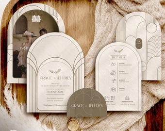 Modern Art Deco Bilingual Chinese Wedding Invitation Suite - White & Gold | Canva Editable Template (Digital Download)