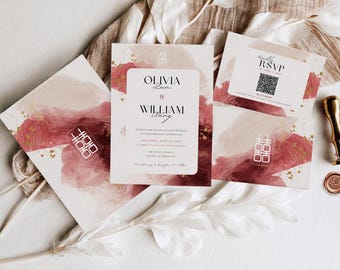 Modern Abstract Wedding Invitation Bundle | Asian Inspired Design | Editable Canva Template with RSVP | Digital Download
