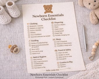 May include: A neutral-toned newborn essentials checklist with a teddy bear graphic. The checklist includes categories like clothing, feeding, and diapering. A pacifier, baby booties, and a teddy bear are also visible.