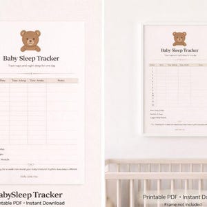Könnte beinhalten: Ein druckbarer Baby-Schlaftracker mit einem Teddybären-Motiv oben. Der Tracker enthält Abschnitte für Schlafzeiten, Daten und Notizen. Der Text "Baby Sleep Tracker" ist deutlich sichtbar. PDF-Download.