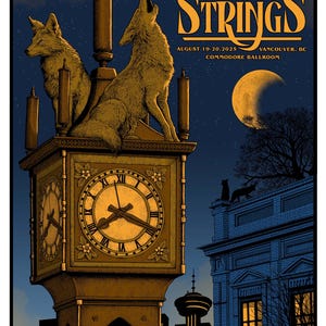 Puede incluir: Cartel de concierto de Billy Strings, con una torre del reloj con dos coyotes aullando. El texto incluye la fecha 19-20 de agosto de 2025 y Vancouver, BC, Commodore Ballroom. El fondo es un cielo nocturno con luna llena.