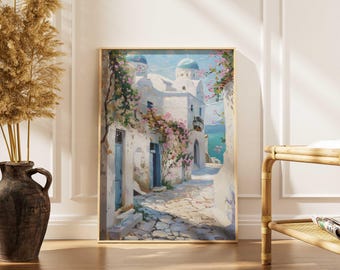 Santorini Print | Greek Village Wall Art | Blue Dome Church Painting | Mediterranean Travel Poster | Coastal Summer Decor Digital Download