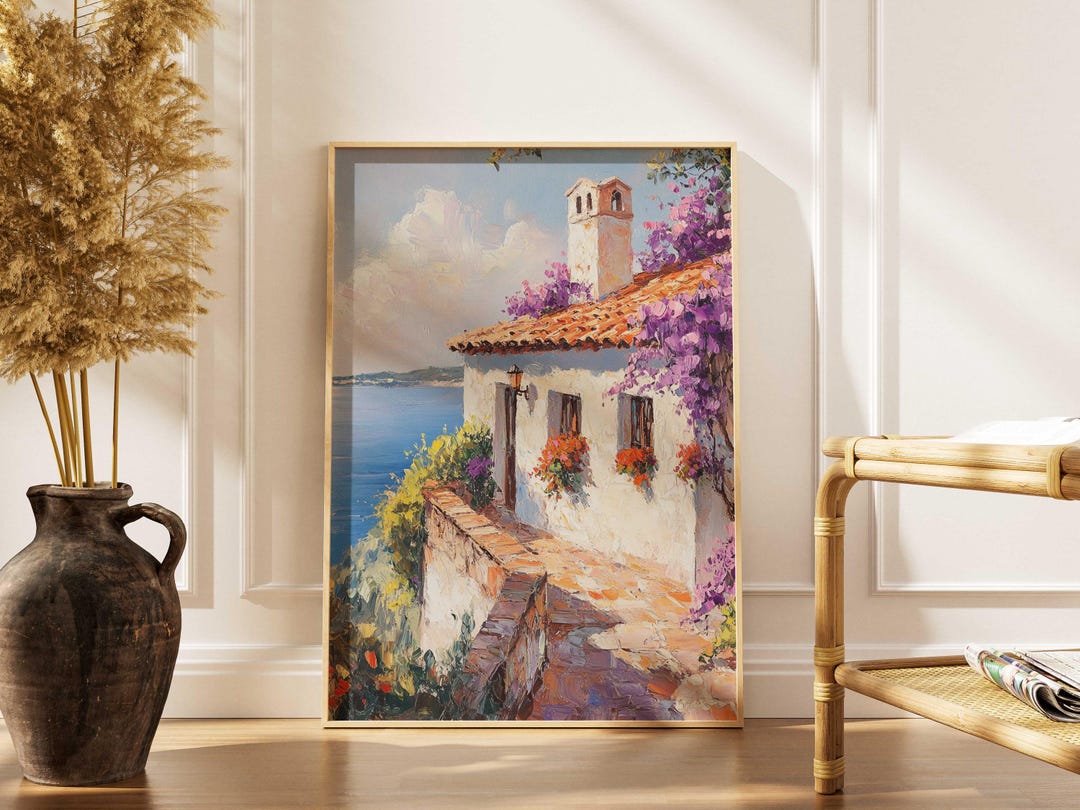 Mediterranean Coastal Villa Print | Terracotta Roof Art | Bougainvillea ...