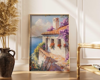 Impresión de villa costera mediterránea / Arte con techo de terracota / Pintura de jardín con buganvillas / Decoración costera italiana, descarga digital