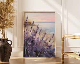 Impressão de Campo de Lavanda | Arte de Paisagem com Flores Roxas | Pintura de Pôr do Sol no Oceano em Tons Pastel | Decoração de Parede para Quarto com Tema Costeiro | Download Digital Romântico