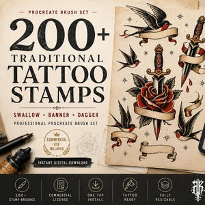 May include: A digital Procreate brush set featuring over 200 traditional tattoo stamps including swallows, banners, and daggers. The display shows a tablet with a grid of tattoo designs, a stylus, and a paper sheet with colorful illustrations.