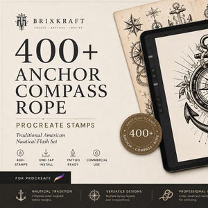 Könnte beinhalten: Ein digitales Tablet zeigt ein schwarz-weißes nautisches Tattoo-Design mit Anker, Kompass und Seil. Der Bildschirm zeigt das Brixkraft 400+ Anchor Compass Rope Procreate Stempel-Set. Ein Eingabestift liegt am Rand des Tablets neben einem Seil.