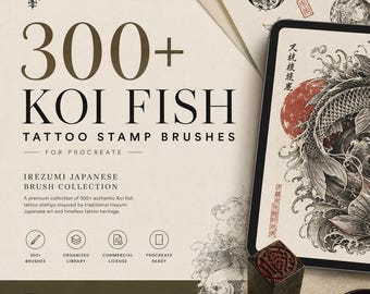 300+ Koi Fish Tattoo Stamps for Procreate, Irezumi Japanese Brushset, Traditional Wave Lotus Designs, Commercial License Digital Download