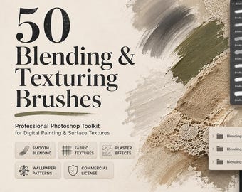 50 Photoshop Blending Texturing Brushes, ABR Digital Painting Set, Fabric Plaster Wallpaper Textures, Commercial License Download