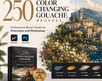 250 Color Changing Gouache Brushes for Procreate and Photoshop, Realistic Painting Set, Digital Watercolor Texture Bundle, BrixKraft Toolkit