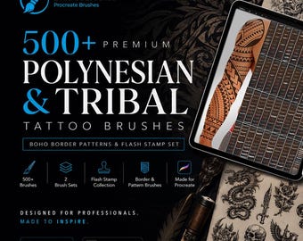 500+ Premium Polynesian & Tribal Tattoo Brushes for Procreate, Boho Border Patterns and Flash Stamp Set, Digital Download for iPad Artists