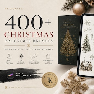 May include: A digital product display featuring 400+ Christmas Procreate Brushes and a winter holiday stamp bundle. The image shows a tablet screen with various festive illustrations, including a Christmas tree, snowflakes, and a cabin, alongside a list of brush sets and a black box with gold tree artwork.