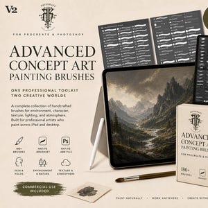 Peut inclure: Un ensemble de produits numériques intitulé Advanced Concept Art Painting Brushes pour Procreate et Photoshop. Il comprend une tablette affichant un paysage de montagne, une boîte avec le même titre et des échantillons de traits de pinceau.