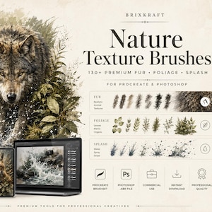 Puede incluir: Un conjunto de productos digitales titulado Brixkraft Nature Texture Brushes para Procreate y Photoshop, con una ilustración de lobo, 130+ muestras de pinceles de pelaje, follaje y salpicaduras, una tableta con lápiz y una caja.