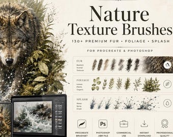130+ Premium Nature Texture Brushes for Procreate, Photoshop | Fur, Foliage, Splash (Digital Download)