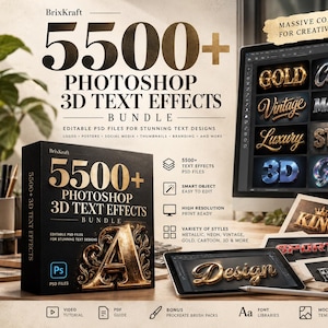 Könnte beinhalten: Ein digitales Produktpaket mit dem Titel 5500+ Photoshop 3D Text Effects, bestehend aus einer schwarzen Box mit goldener Schrift, einem Computermonitor mit verschiedenen Textstilen, einem Tablet mit goldenem Design und gedruckten Textkarten.