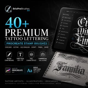 Könnte beinhalten: Ein digitales Tablet mit Procreate-Stempelpinseln für Tattoo-Schriftzüge und dem Text Create Without Limits. Das Set enthält über 40 Premium-Pinsel, Schriftartdateien und eine kommerzielle Lizenz mit verschiedenen Stilen wie Chicano und Gothic.