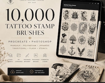 10,000 Tattoo Stamps Procreate Photoshop Mega Bundle | Mandala Japanese Traditional Polynesian Brushes Bundle