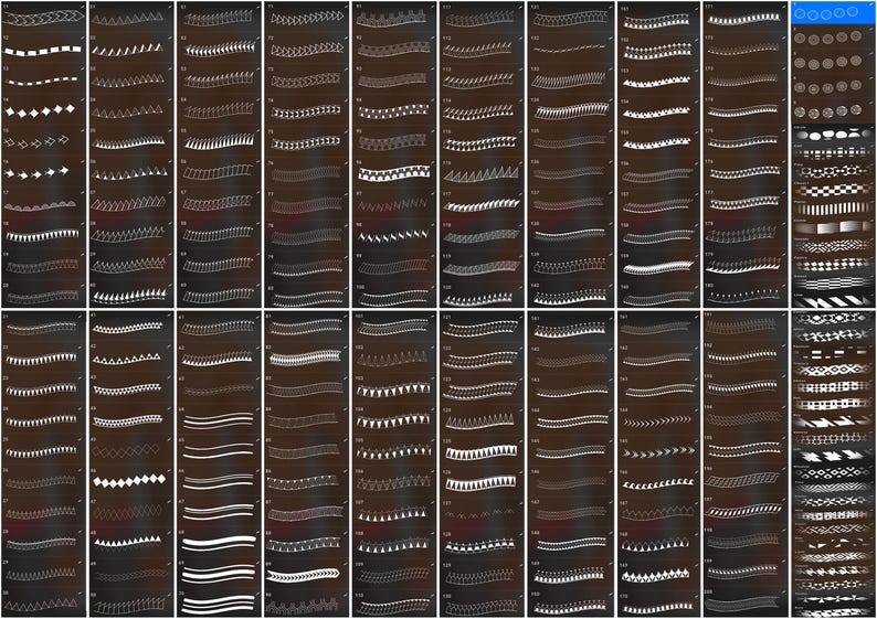 Peut inclure: Une collection num&eacute;rique de motifs de bordures et de s&eacute;parateurs graphiques blancs dispos&eacute;s en grille sur un fond sombre. L'ensemble comprend divers motifs g&eacute;om&eacute;triques, des lignes ondul&eacute;es, des segments pointill&eacute;s et des motifs d&eacute;coratifs num&eacute;rot&eacute;s.