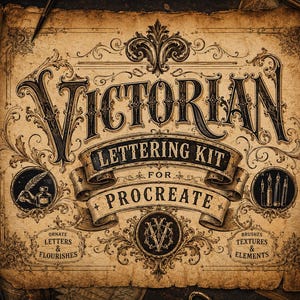 May include: A vintage-style parchment with the words "Victorian Lettering Kit for Procreate" in ornate lettering. The design includes decorative flourishes, a quill and ink illustration, and a circular emblem. The color palette is primarily sepia tones.