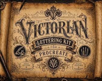 Victorian Lettering Kit for Procreate, Ornate Letters Stamps, Vintage Flourish Divider Banners, Decorative Elements, iPad Calligraphy