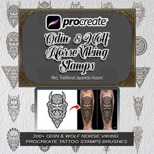 May include: Digital art stamps for Procreate featuring Norse Viking designs. The image includes the text "procreate Odin & Wolf Norse Viking Stamps" and "200+ Odin & Wolf Norse Viking Procreate Tattoo Stamps Brushes". The stamps are in black and white.