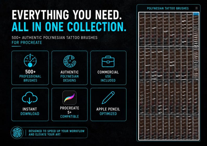 Peut inclure: Une collection num&eacute;rique de plus de 500 pinceaux de tatouage polyn&eacute;siens pour Procreate, sur fond noir avec du texte et des ic&ocirc;nes cyan. Le texte indique EVERYTHING YOU NEED. ALL IN ONE COLLECTION. 500+ AUTHENTIC POLYNESIAN TATTOO BRUSHES FOR PROCREATE.