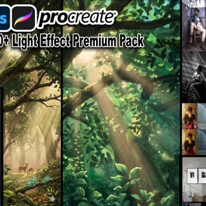 Puede incluir: Paquete de arte digital con el texto "200+ Light Effect Premium Pack" que presenta una escena de bosque con luz solar que atraviesa los árboles. Incluye un logotipo de Procreate y Photoshop. Imágenes adicionales muestran varios efectos de iluminación.