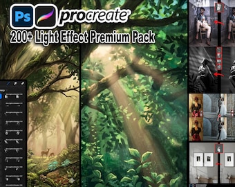200+ Procreate Photoshop Light Effect Brushes, Sunlight Rays, Halo Glow