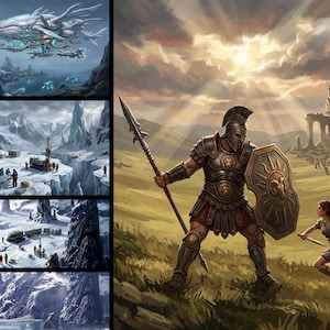 May include: Digital artwork depicting a futuristic city with a large airship and a scene of ancient warriors. The artwork features a Roman soldier with a spear and shield, and a female warrior with a sword, set against a backdrop of a classical ruin.