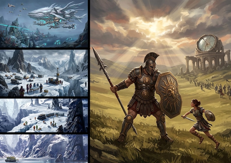 May include: Digital artwork depicting a futuristic city with a large airship and a scene of ancient warriors. The artwork features a Roman soldier with a spear and shield, and a female warrior with a sword, set against a backdrop of a classical ruin.