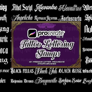 May include: A digital art product advertisement featuring a purple rectangle with the words "Tattoo Lettering Stamps" and the Procreate logo. The background is black with various font styles.