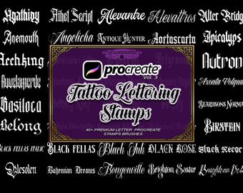 40+ Tattoo Lettering Procreate Stamps Bundle 3, Gothic Fraktur Font Brush Set, Dark Script, iPad + Font files (Commercial Use)