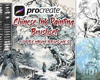 40+ Chinese Ink Painting Procreate Brushset, Mountains, Forest & Plants