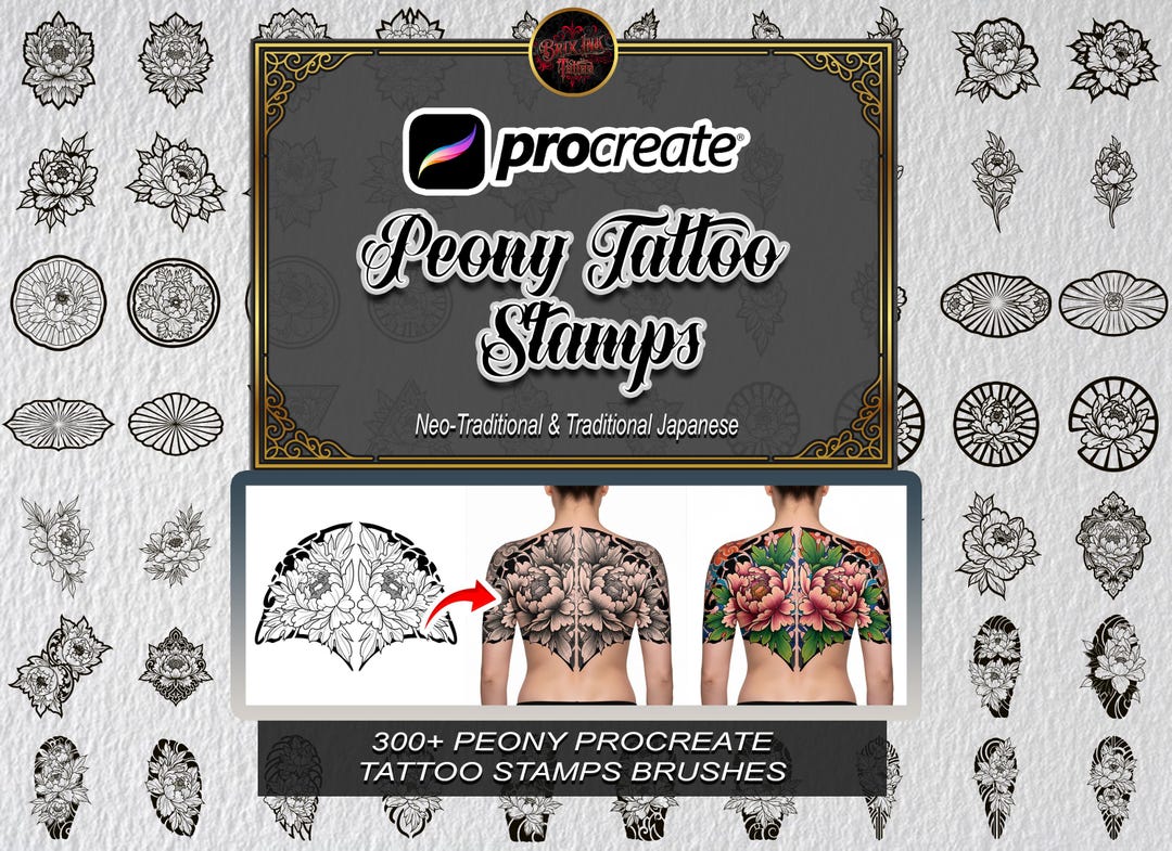 300+ Peony Tattoo Procreate Stamps Japanese Irezumi Botanical Fine Line ...