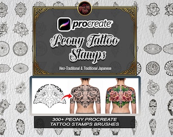 300+ Peony Tattoo Procreate Stamps Japanese Irezumi Botanical Fine Line, Brushset Floral Stencil