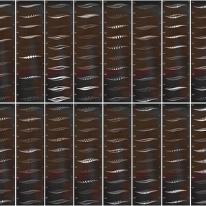 Peut inclure: Une collection num&eacute;rique de deux cents motifs de traits de pinceau blancs uniques dispos&eacute;s en grille sur un fond sombre. Chaque trait individuel pr&eacute;sente une texture g&eacute;om&eacute;trique ou organique distincte, avec des &eacute;paisseurs et des formes vari&eacute;es.