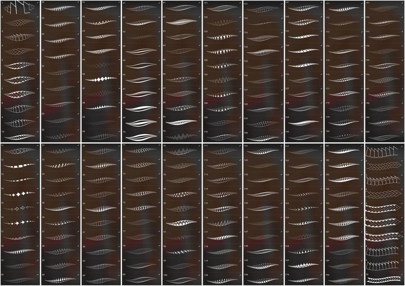 Peut inclure: Une collection num&eacute;rique de deux cents motifs de traits de pinceau blancs uniques dispos&eacute;s en grille sur un fond sombre. Chaque trait individuel pr&eacute;sente une texture g&eacute;om&eacute;trique ou organique distincte, avec des &eacute;paisseurs et des formes vari&eacute;es.