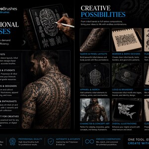 Peut inclure: Une publicit&eacute; pour le produit num&eacute;rique BrixProBrushes pr&eacute;sentant une collection de pinceaux de tatouage tribal pour Procreate. La mise en page affiche divers exemples d'art de tatouage, y compris des motifs de manches, des flashs et des illustrations num&eacute;riques.