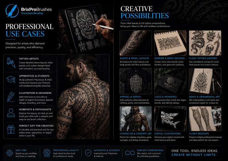Peut inclure: Une publicit&eacute; pour le produit num&eacute;rique BrixProBrushes pr&eacute;sentant une collection de pinceaux de tatouage tribal pour Procreate. La mise en page affiche divers exemples d'art de tatouage, y compris des motifs de manches, des flashs et des illustrations num&eacute;riques.