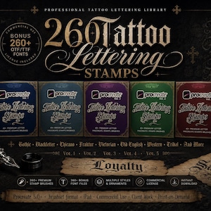 May include: A digital collection of 260 Tattoo Lettering Stamps for Procreate, featuring five distinct volumes in blue, teal, purple, green, and red boxes. The set includes bonus OTF/TTF fonts, multiple styles, ornaments, and a commercial license.